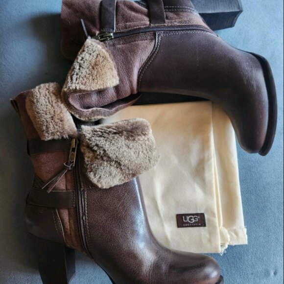 UGG Australia  "Jayne" Brown Cuffed Shearling Heeled Ankle Boot. Size 10. - Picture 2 of 8